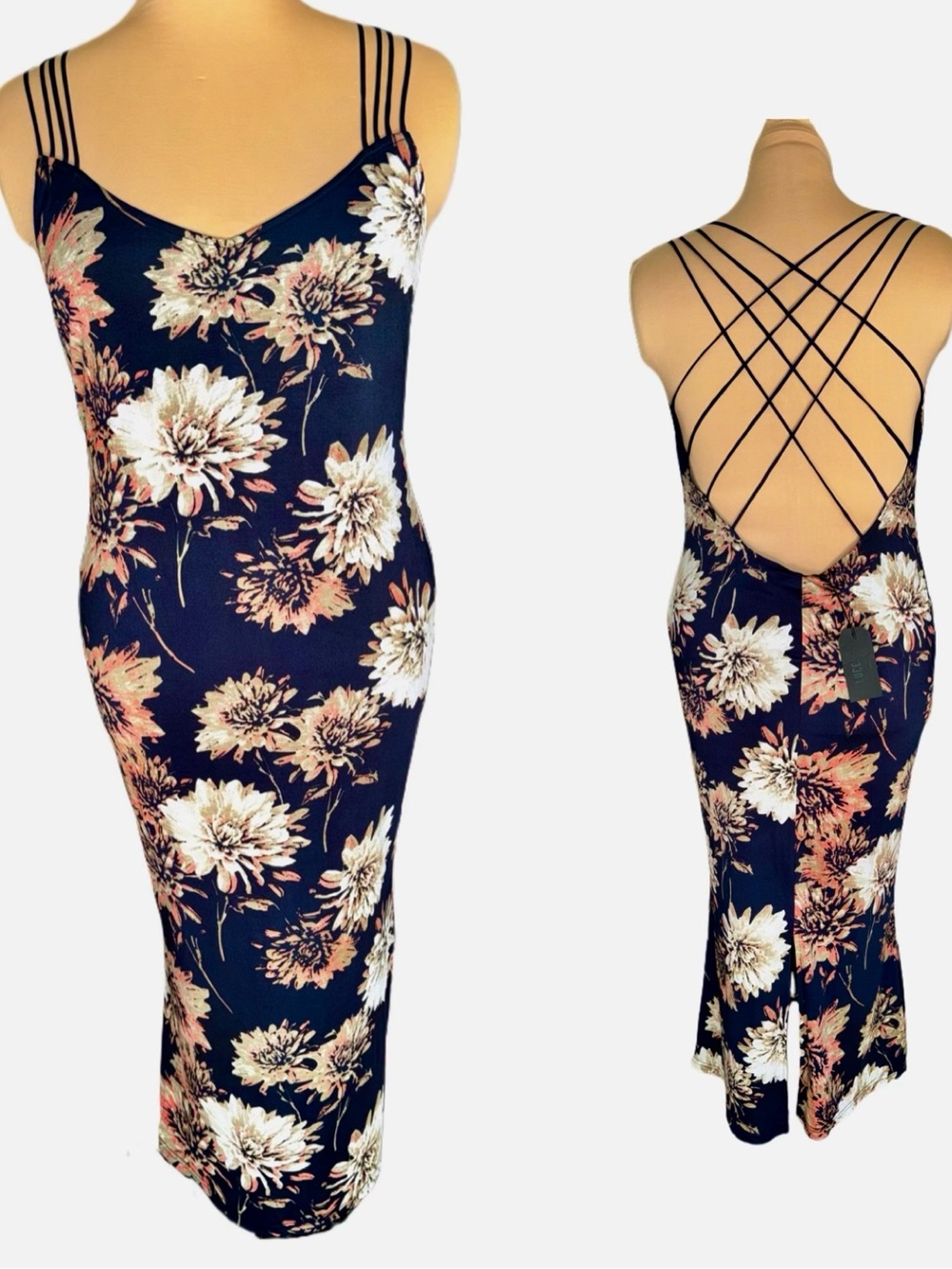 Lucca Couture Navy Blue Night Tulip Open Back Midi Dress Size Medium NWT
